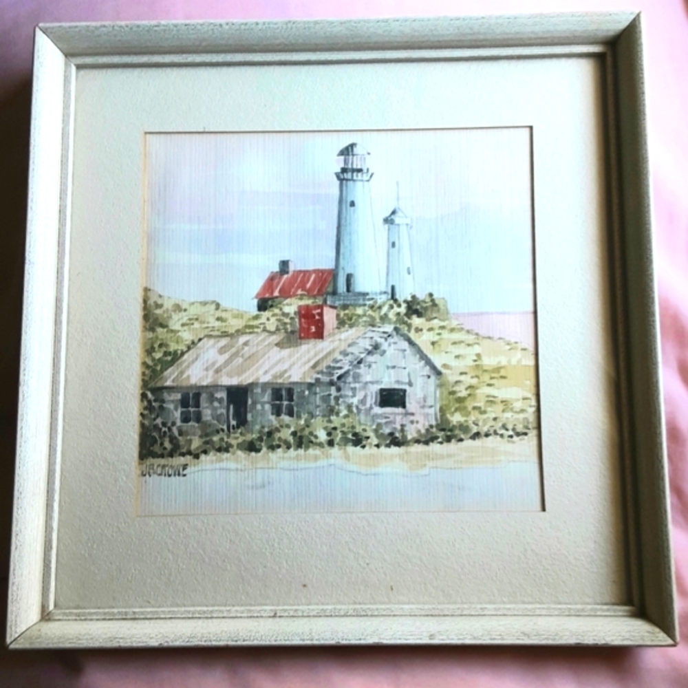Coastal Lighthouse, Original Watercolor, Vintage Framed Art, 11" X 11"